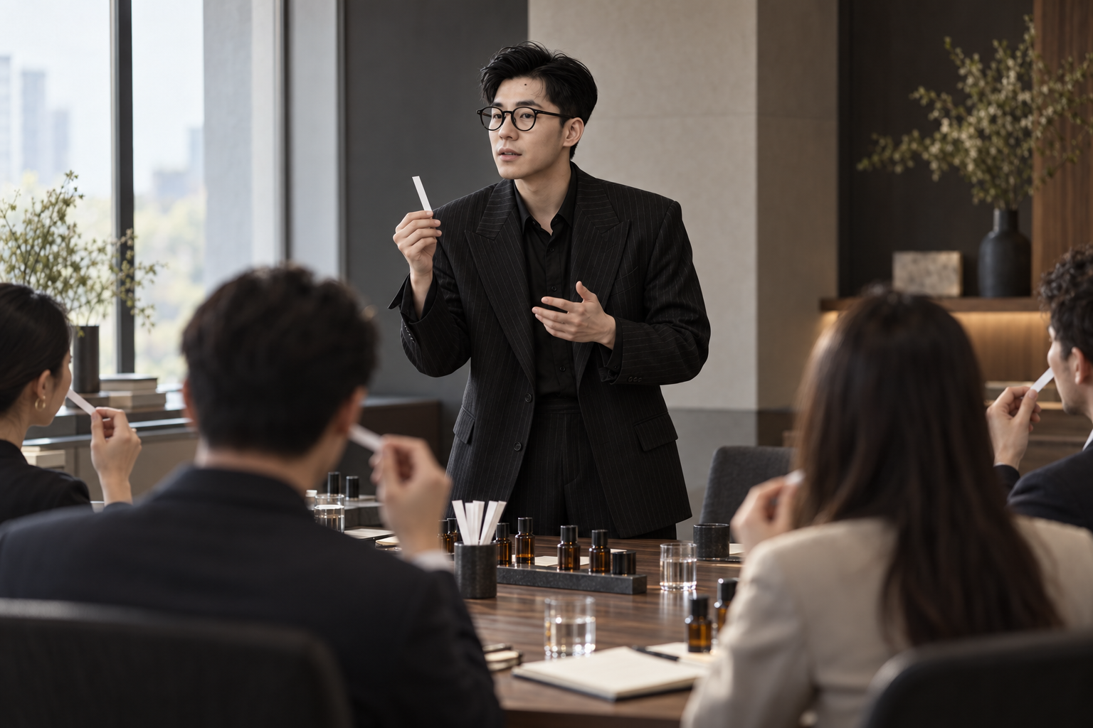 以韋一肖像生成的企業聞香培訓場景，AI 情境示意